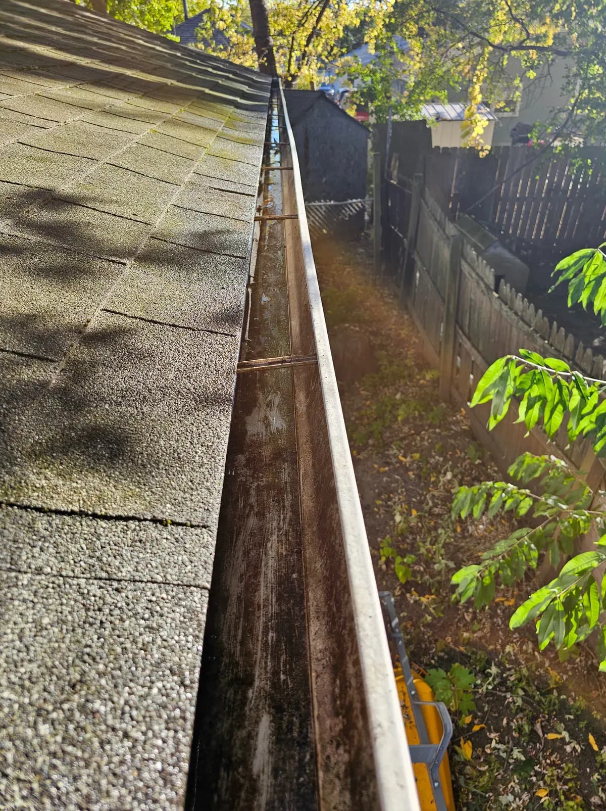 The same gutter with the vine and debris removed, leaving a clear, unobstructed channel.