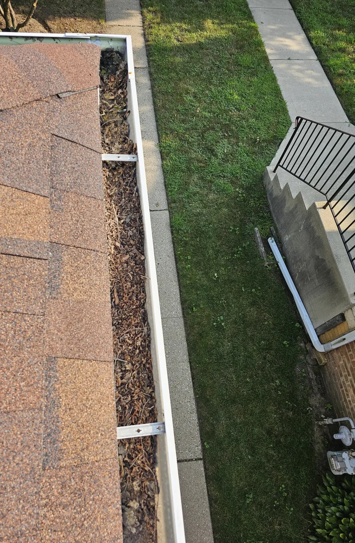 White gutter along a rose-colored shingle roof packed end to end with dark, decomposed leaf debris.